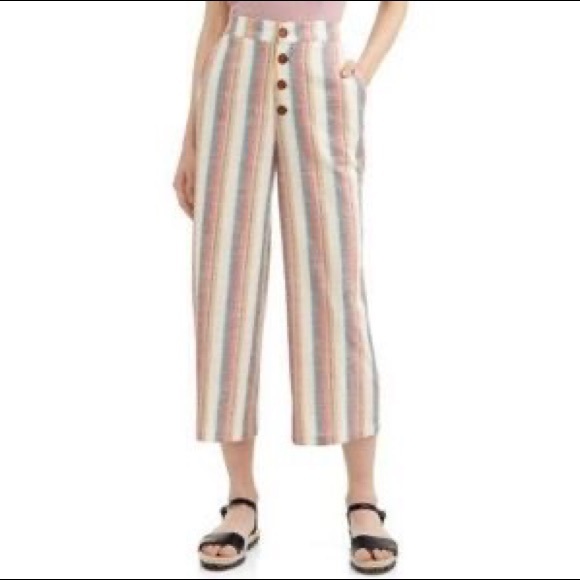 Green Linen Straight Cropped Striped Pants Size Medium - Picture 7 of 7